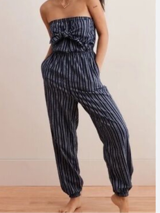 aerie Pants - Aerie Navy and White Striped Strapless Jumpsuit with Cute Tie Bust